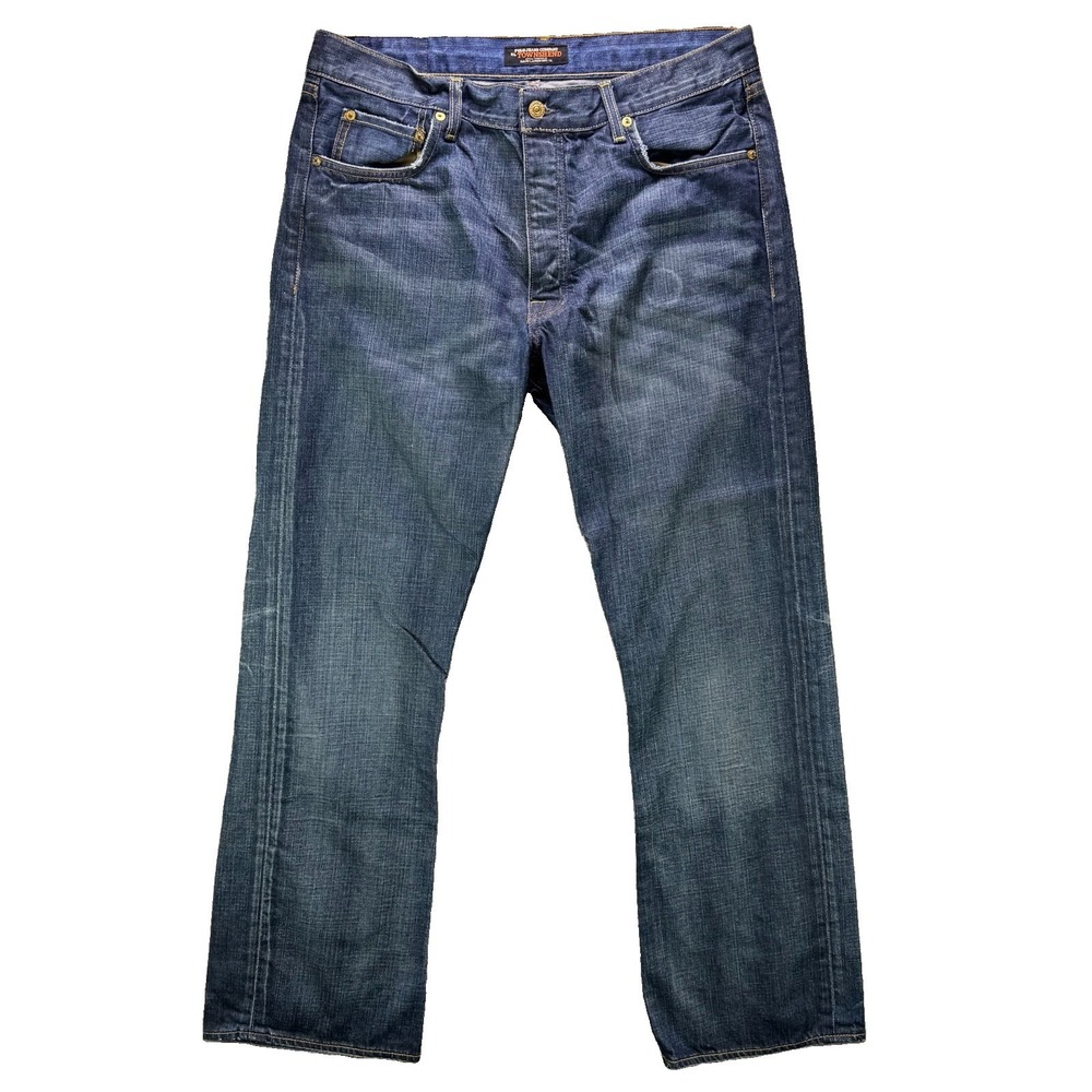 Polo Jeans Company RL Mens 36x32 Blue Townshend Button Fly Dark Wash Whiskered